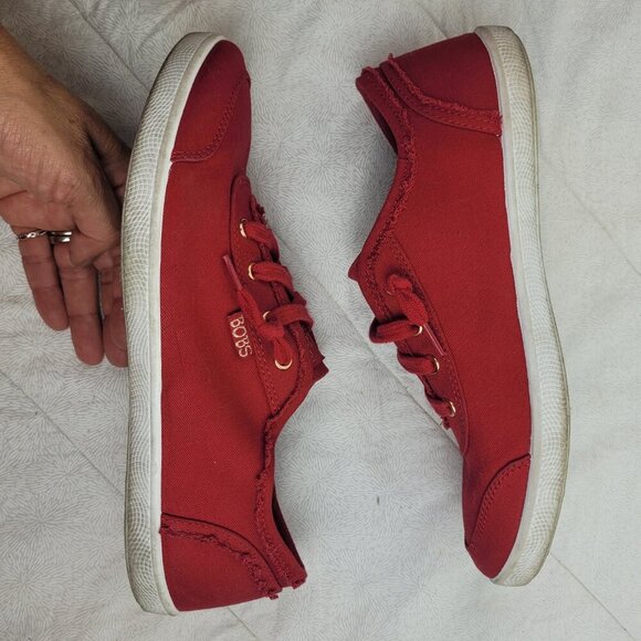 Bobs Skechers Memory Foam red canvas slip on lace sneakers gold trim preppy 8 - Picture 9 of 10